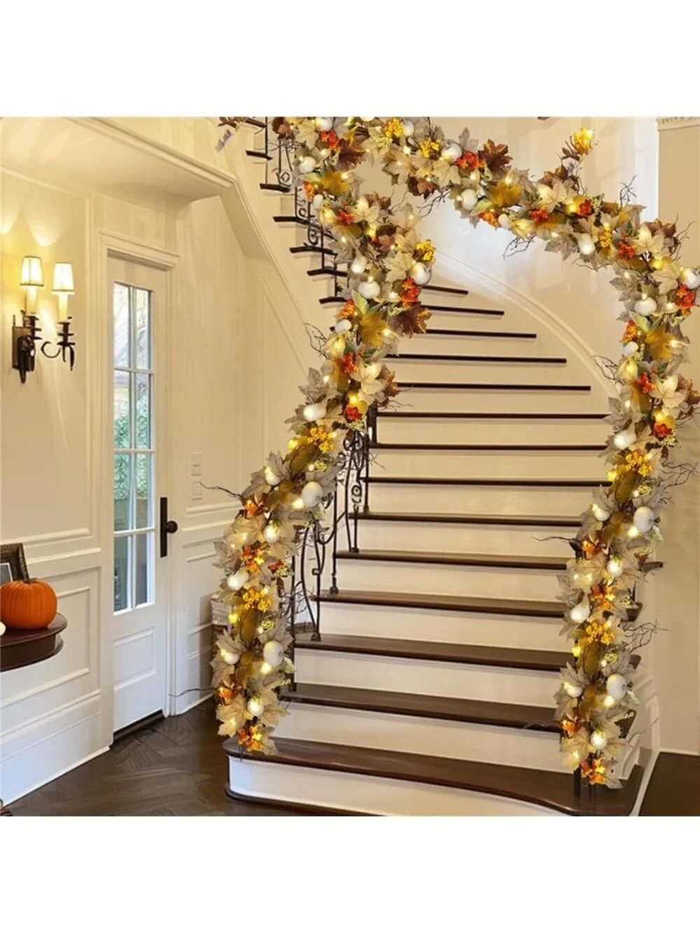 Lighted Fall Garland with Maple Leaves White Pumpkins Berry 6FT